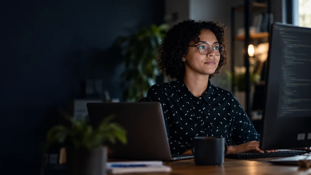 Software developer working at a laptop in a dark workspace