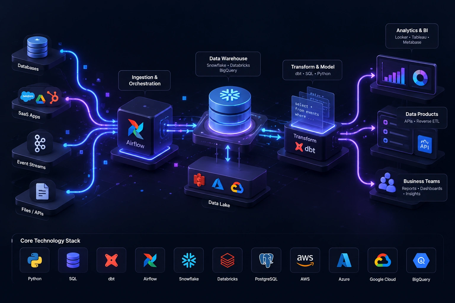 Data engineering pipeline showing data sources, Airflow ingestion, a warehouse and data lake, dbt transformations, and analytics and data products.